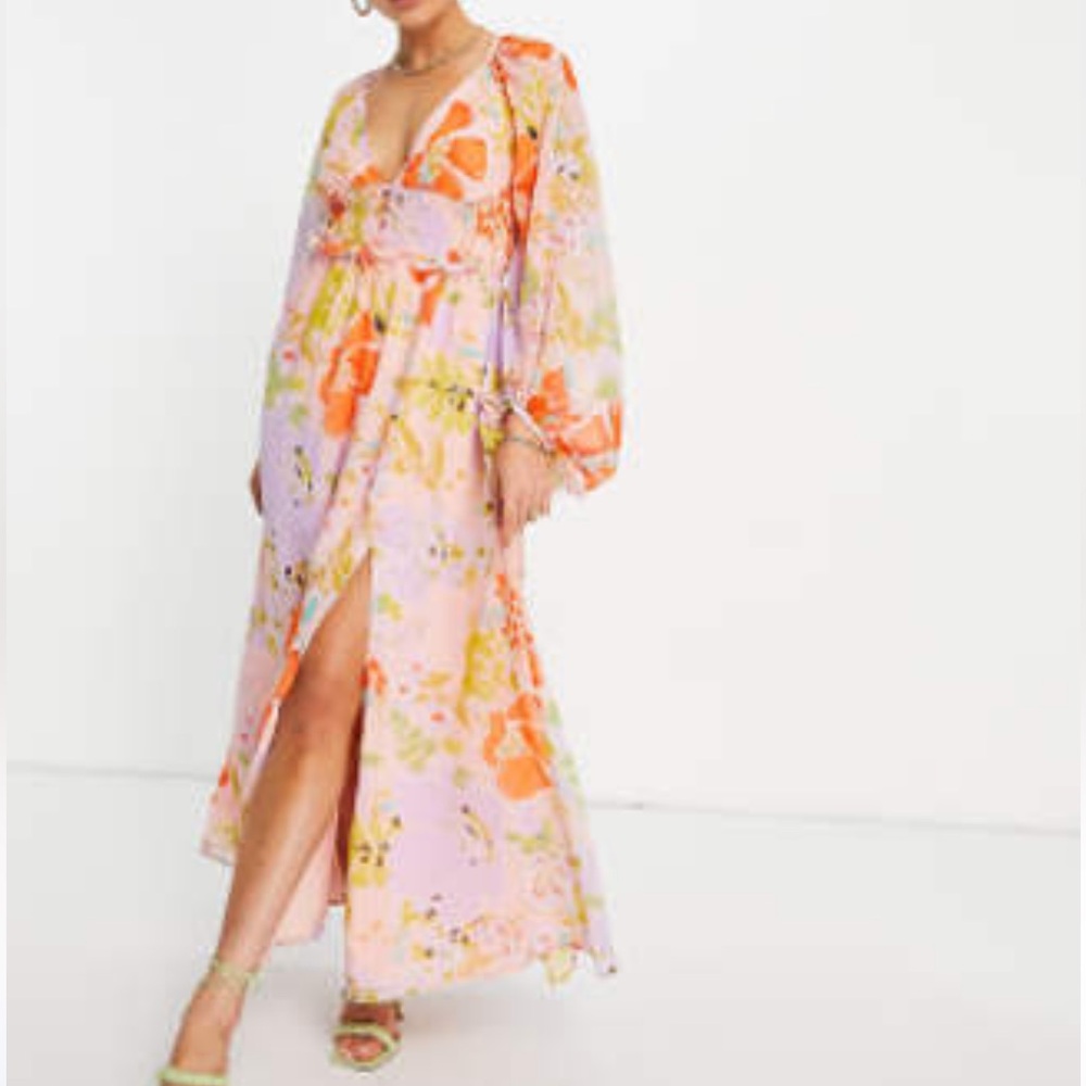 ASOS Floral Long Sleeve Maxi Dress in Orange and Pink